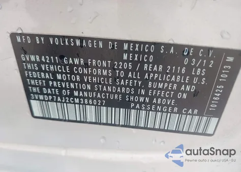 2012 Volkswagen Jetta 2.5L Se from USA, damaged, VIN 3VWDP7AJ2CM386027